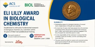 Eli Lilly Award in Biological Chemistry | Nominations Are Open! Deadline: June 1, 2026 Eli Lilly Award in Biological Chemistry Nominations Are Open! Deadline June 1, 2026