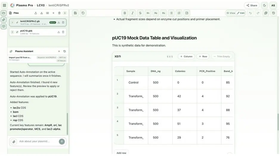 A Plasmo notebook keeps linked project files, grounded AI context, and experimental results together