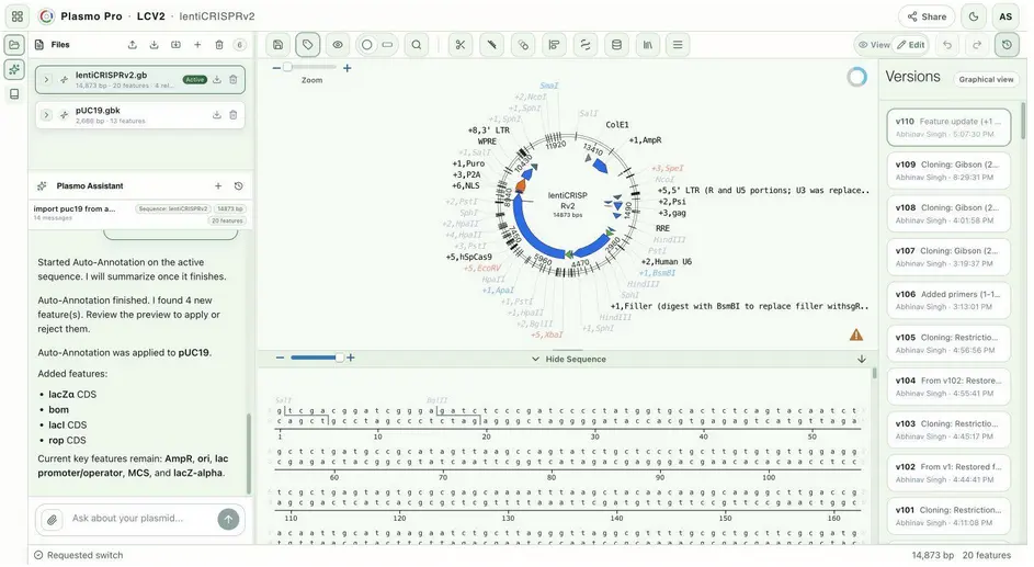 The Plasmo Assistant explains an applied annotation beside the plasmid map and sequence history